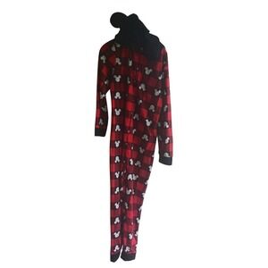 Disney 100 Mickey‎ Mouse Hooded 1 Piece Pajamas M Buffalo Plaid Unisex Sleepwear